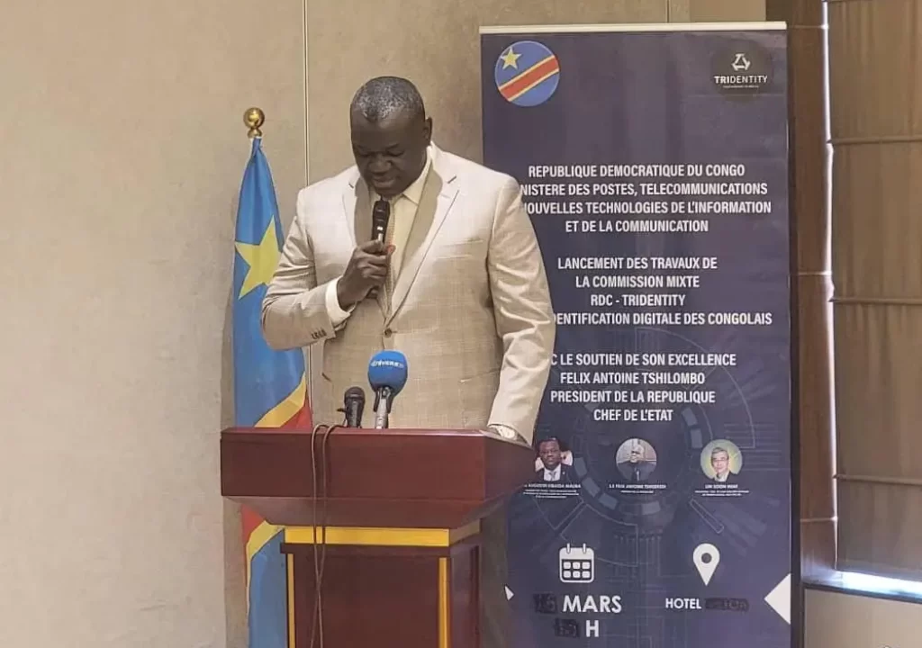 Son Excellence Monsieur le Ministre des PTN , Kibassa Maliba prononçant son mot de clôture des travaux de la commission mixte sur le contrat PPP entre la RDC-TRIDENTITY pour la mise en oeuvre du Système national d'identification numérique. (SNIN)